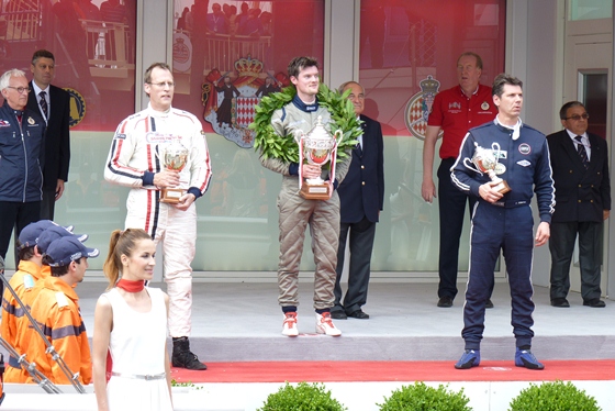 Alex Buncombe celebrates his unrivalled win in the ex-Fangio Jaguar C-Type